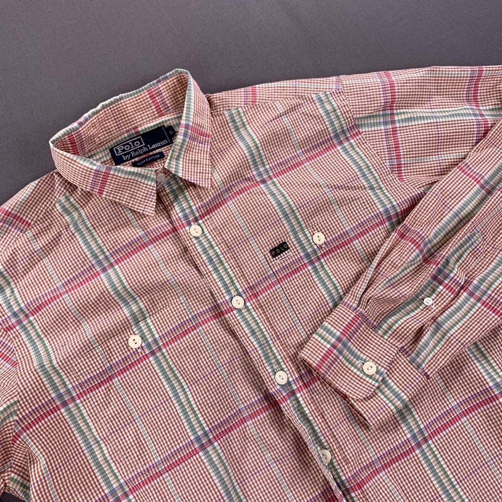 VTG Polo Ralph Lauren Shirt Men LG Pink Madras Plaid Button Down Long Sleeve 90s